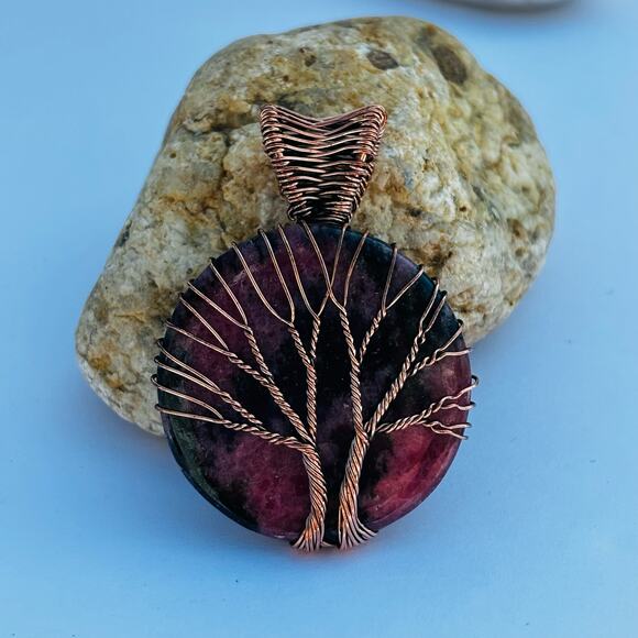 Rhodonite Tree of Life Wire Wrapped Copper Pendant - Picture 2 of 6